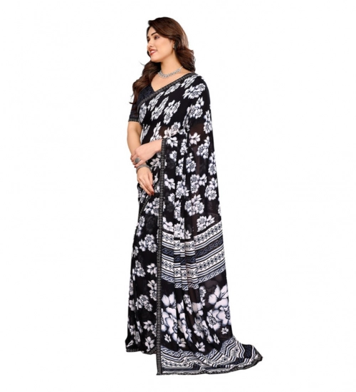 Women's Georgette Printed Saree With Unstitched Blouse 5.5Mtr (Black)