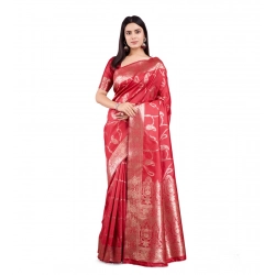 Women's Banarasi Silk Printed Saree With Unstitched Blouse 5.5Mtr (Red)