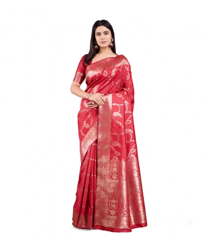 Women's Banarasi Silk Printed Saree With Unstitched Blouse 5.5Mtr (Red)