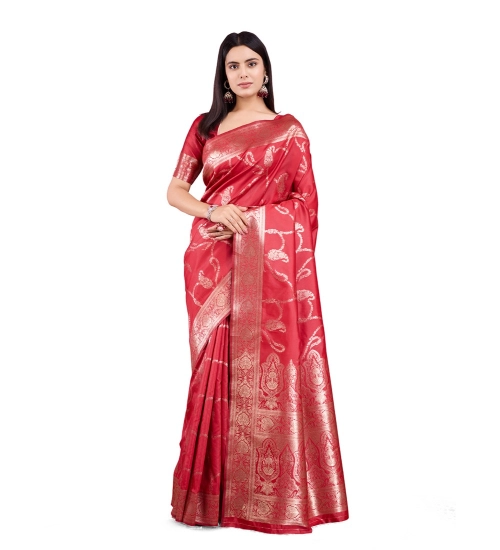 Women's Banarasi Silk Printed Saree With Unstitched Blouse 5.5Mtr (Red)