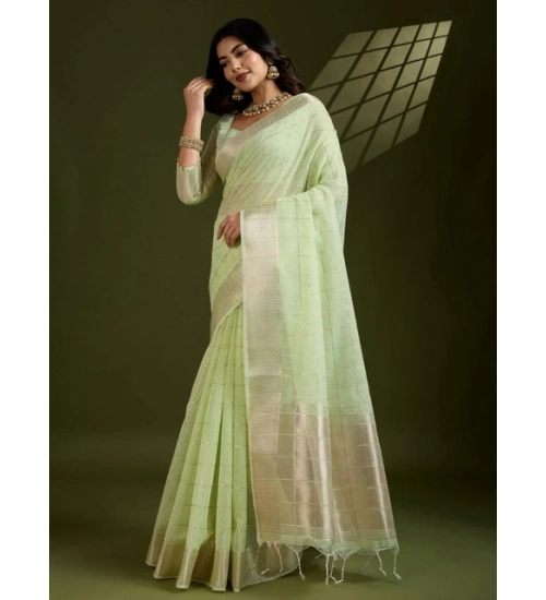 Women's Tissue Checks_With_Buttis Saree With Unstitched Blouse 5.5Mtr (Light_Green)