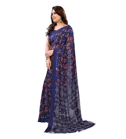 Women's Georgette Printed Saree With Unstitched Blouse 5.5Mtr (Blue)