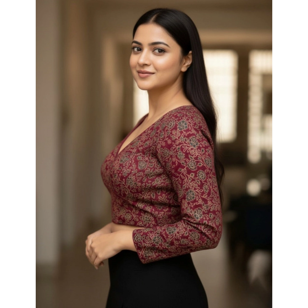 Women's Ajrakh Cotton Printed V-Neck Padded Blouse (Maroon 38 Ready (Self Alterable 36–40)