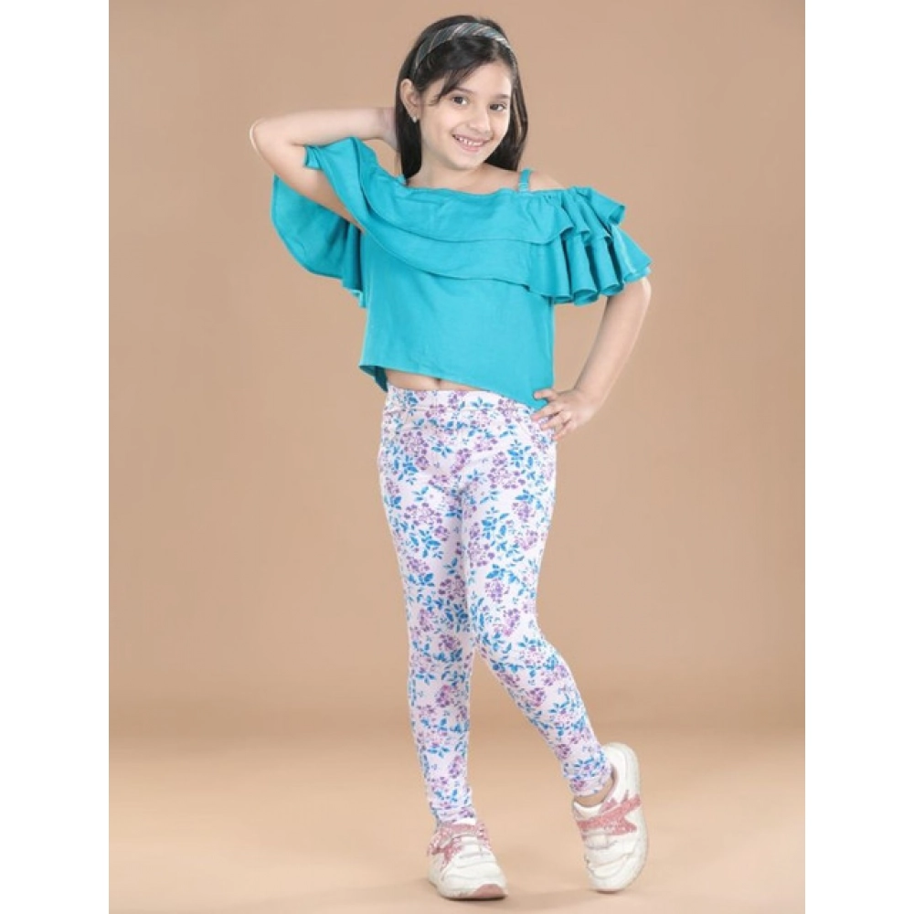 Girl's Cotton Lycra Floral Elasticated Jeggings (White-Turquoise Blue) Girl's Cotton Lycra Floral Elasticated Jeggings (White-Turquoise Blue)