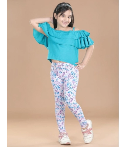 Girl's Cotton Lycra Floral Elasticated Jeggings (White-Turquoise Blue)