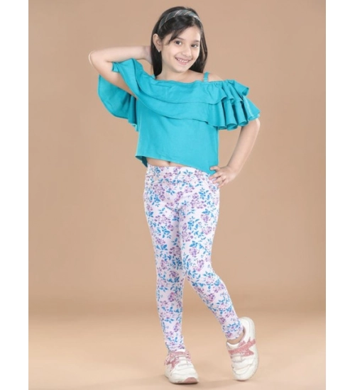 Girl's Cotton Lycra Floral Elasticated Jeggings (White-Turquoise Blue)