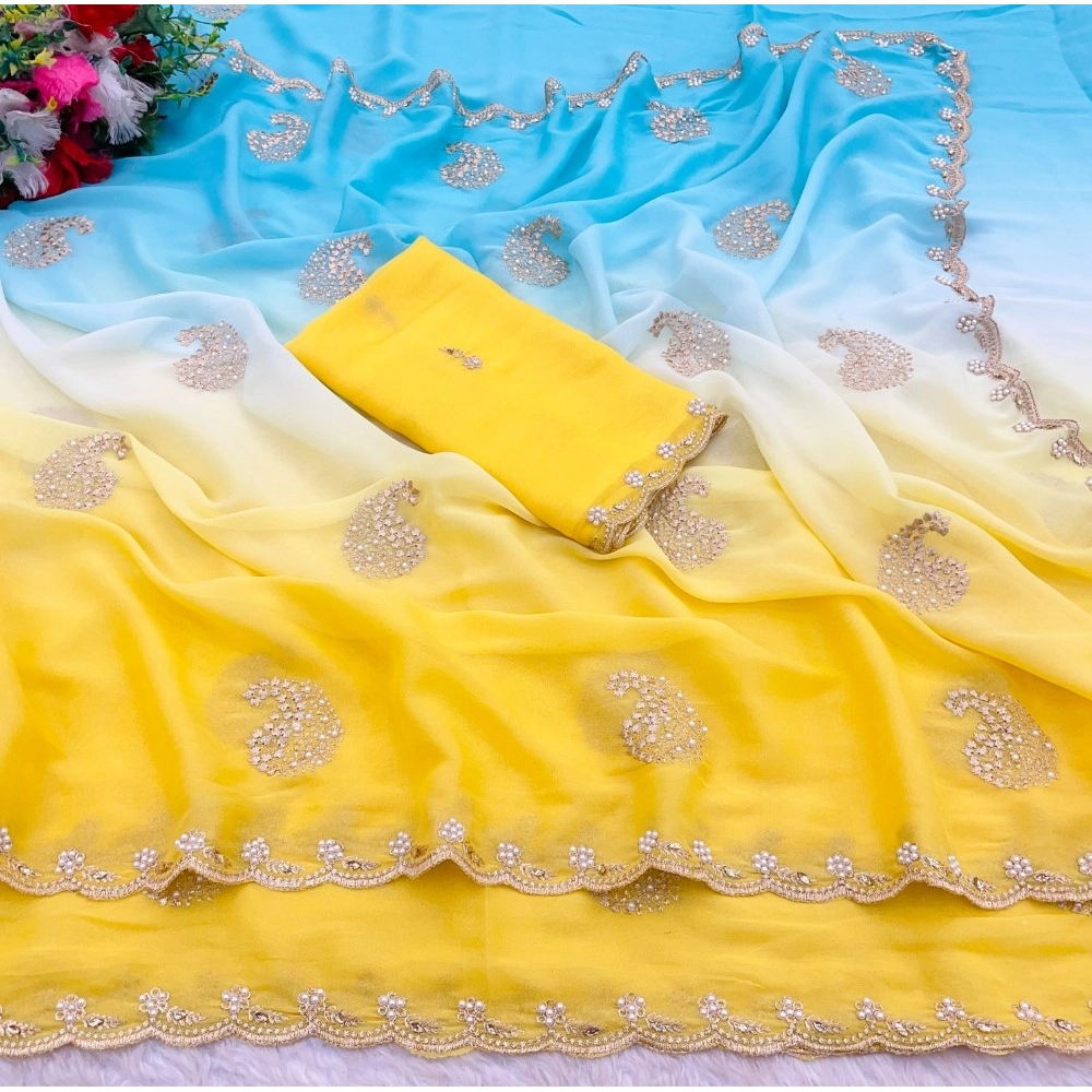 Women's Digital Printed  Geogette Saree With Unstitched Blouse (Yellow, 5-6 Mtrs)