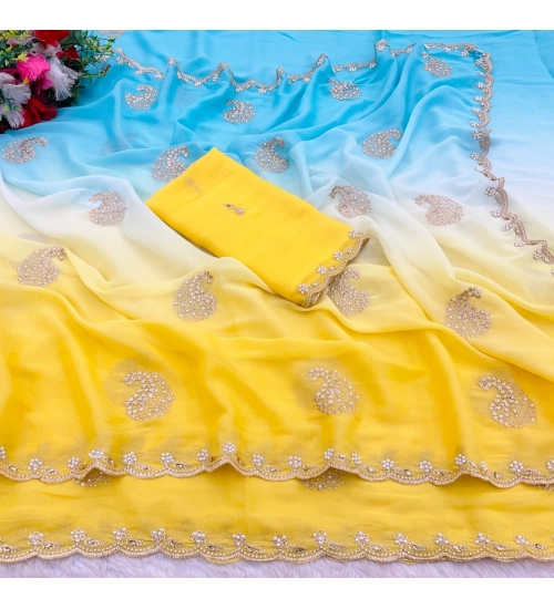 Women's Digital Printed  Geogette Saree With Unstitched Blouse (Yellow, 5-6 Mtrs)