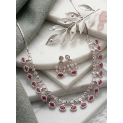 Women's Brass Silver Plated Necklace set (Pink)