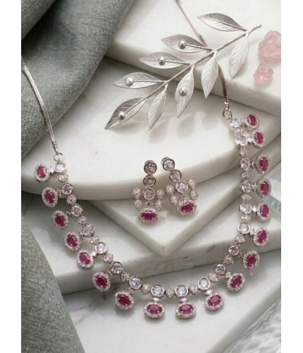 Women's Brass Silver Plated Necklace set (Pink)