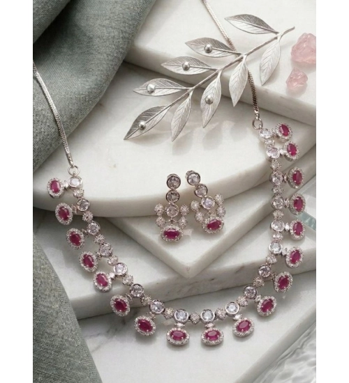 Women's Brass Silver Plated Necklace set (Pink)