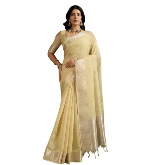 Women's Tissue Checks_With_Buttis Saree With Unstitched Blouse 5.5Mtr (Yellow)