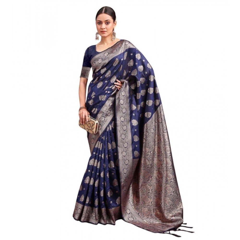 Women's Banarasi Silk Printed Saree With Unstitched Blouse 5.5Mtr (Navy Blue) Women's Banarasi Silk Printed Saree With Unstitched Blouse 5.5Mtr (Navy Blue)