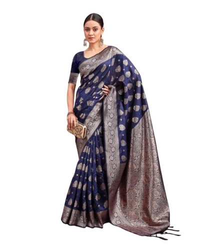 Women's Banarasi Silk Printed Saree With Unstitched Blouse 5.5Mtr (Navy Blue)