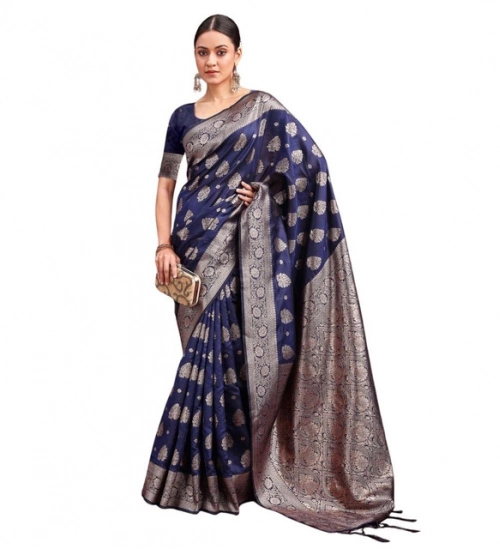 Women's Banarasi Silk Printed Saree With Unstitched Blouse 5.5Mtr (Navy Blue)