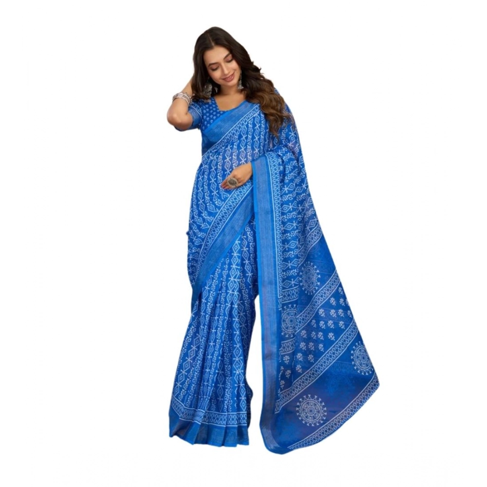 Women's Linen Cotton Printed Ready To Wear Saree With Unstitched Blouse 5.5 Mtr (Blue)