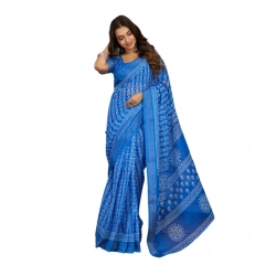 Women's Linen Cotton Printed Ready To Wear Saree With Unstitched Blouse 5.5 Mtr (Blue)