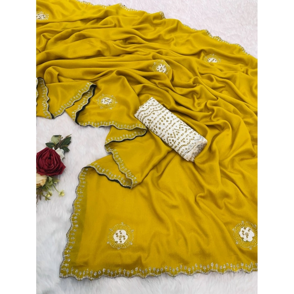 Women's Chiffon Butti Dotted Saree With Unstitched Blouse 5.5Mtr (Yellow)