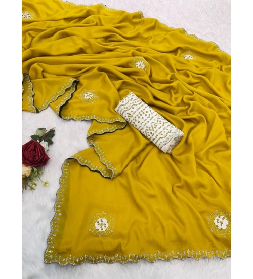 Women's Chiffon Butti Dotted Saree With Unstitched Blouse 5.5Mtr (Yellow)