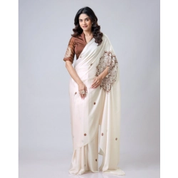 Women's Soft Crepe Silk Printed Ready To Wear Saree With Unstitched Blouse 5.5Mtr (Off White)