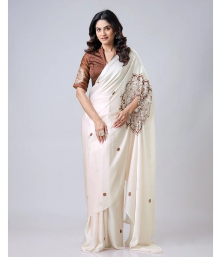 Women's Soft Crepe Silk Printed Ready To Wear Saree With Unstitched Blouse 5.5Mtr (Off White)