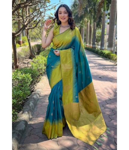 Women's Soft Lichi Silk Printed Saree With Unstitched Blouse 5.5Mtr (Green)