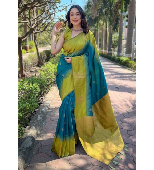 Women's Soft Lichi Silk Printed Saree With Unstitched Blouse 5.5Mtr (Green)