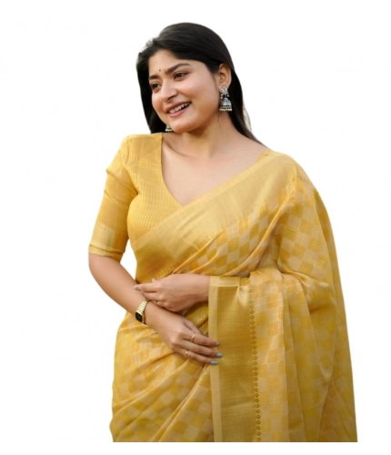 Women's Silk_Blend Checked Saree With Unstitched Blouse 5.5Mtr (Yellow)