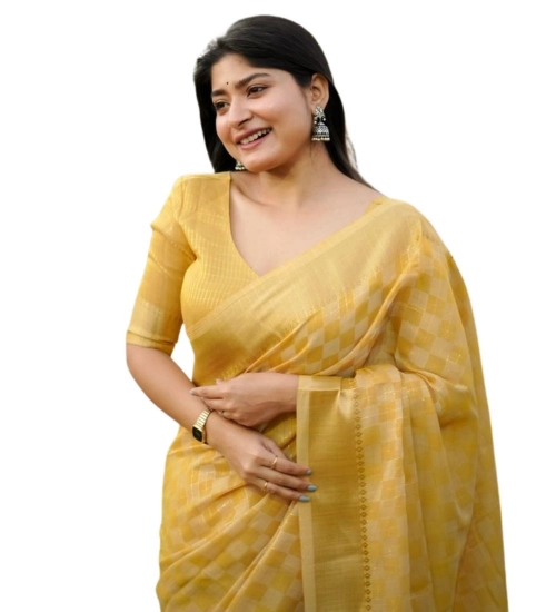 Women's Silk_Blend Checked Saree With Unstitched Blouse 5.5Mtr (Yellow)