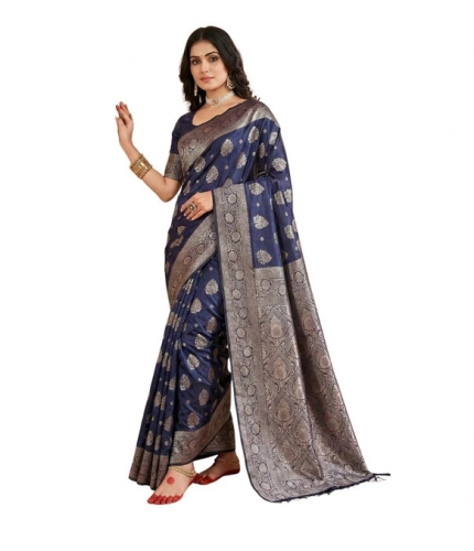 Women's Silk Blend Printed Saree With Unstitched Blouse 5.5Mtr (Navy Blue)
