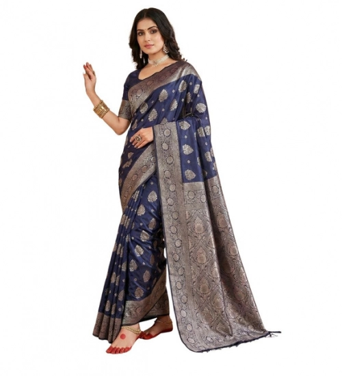 Women's Silk Blend Printed Saree With Unstitched Blouse 5.5Mtr (Navy Blue)