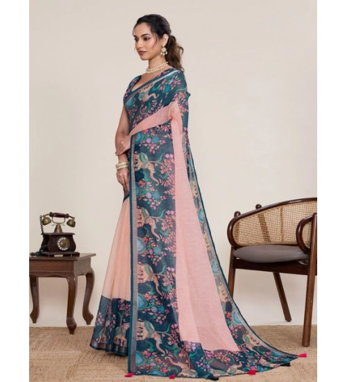Women's Linen Floral Printed Saree With Unstitched Blouse 5.5Mtr (Peach Pink)