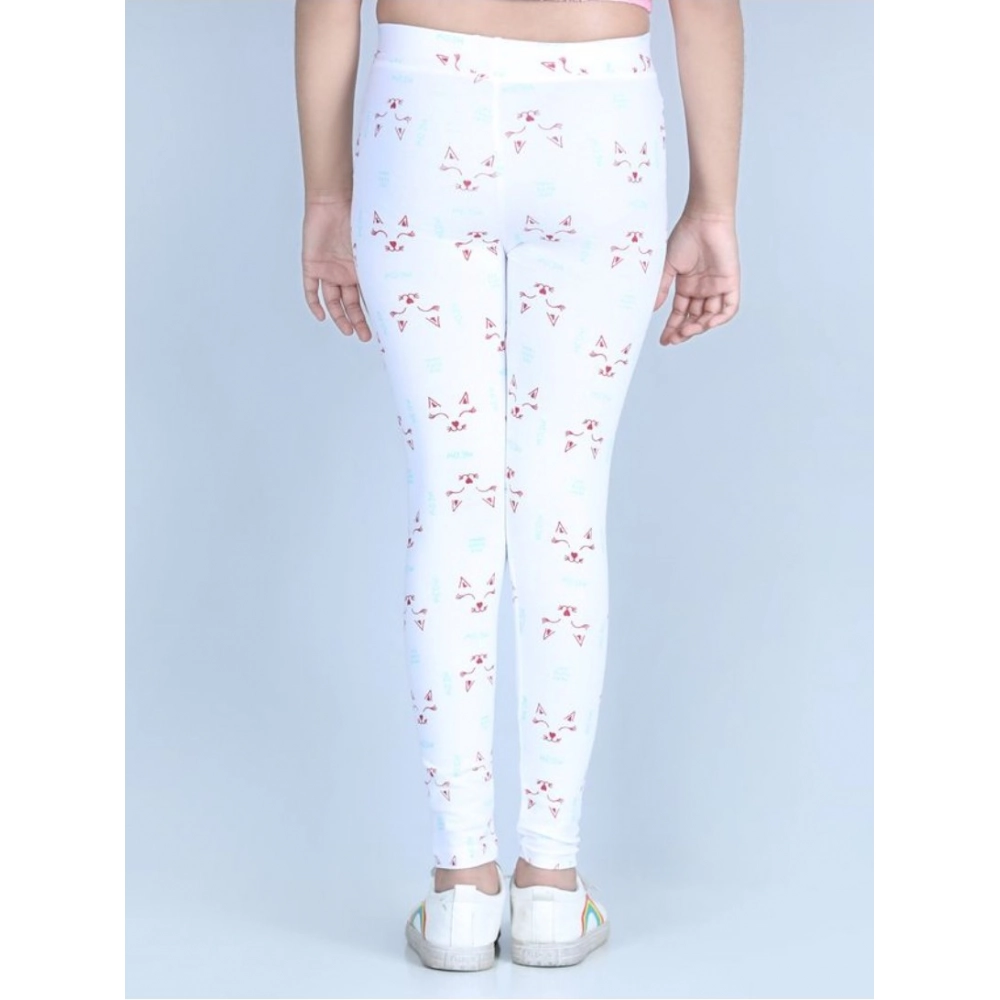 Girl's Cotton Lycra Printed Elasticated Leggings (White)