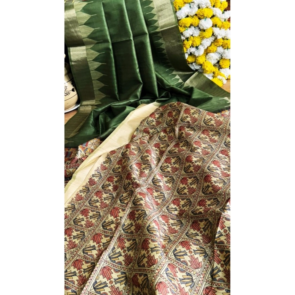 Women's Tussar Silk Madhubani Saree With Unstitched Blouse 5.5Mtr (Green) Women's Tussar Silk Madhubani Saree With Unstitched Blouse 5.5Mtr (Green)