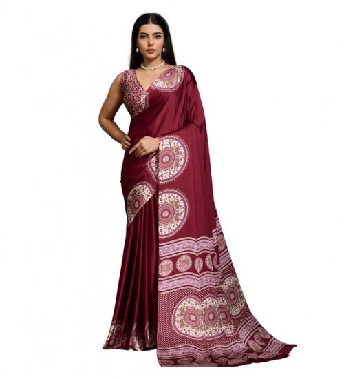 Women's Satin Crepe Printed Saree With Unstitched Blouse 5.5Mtr (Maroon)