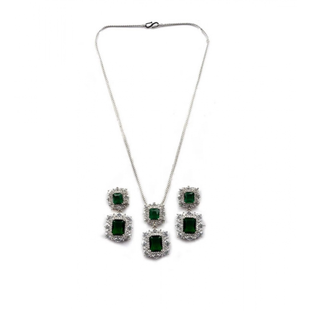 Women's Brass Silver Plated Pendant Set (Green)