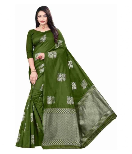 Women's Soft Lichi Silk Printed Saree With Unstitched Blouse 5.5Mtr (Green)