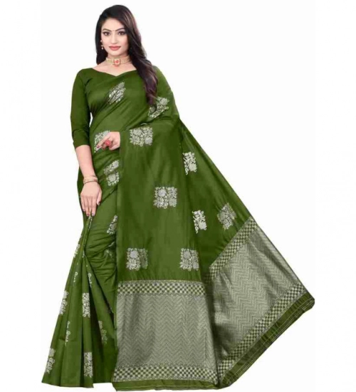 Women's Soft Lichi Silk Printed Saree With Unstitched Blouse 5.5Mtr (Green)