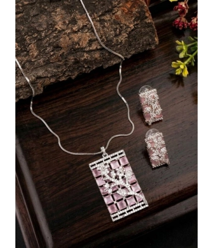 Women's Brass Silver Plated Pendant Set (Pink)