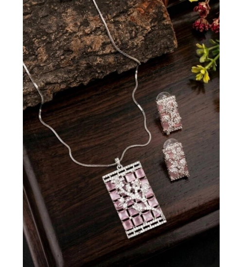 Women's Brass Silver Plated Pendant Set (Pink)