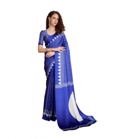 Women's Satin Crepe Printed Saree With Unstitched Blouse 5.5Mtr (Navy Blue)
