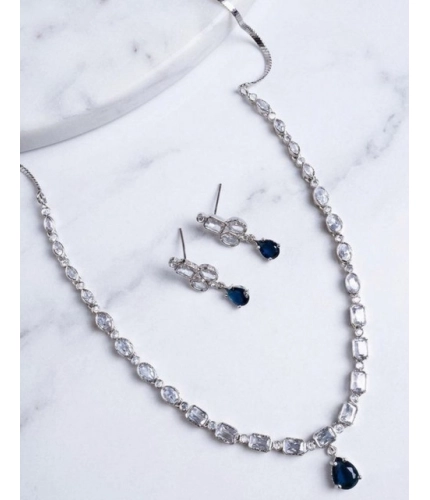 Women's Brass Silver Plated Necklace set (Blue)