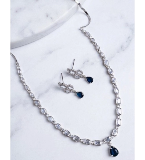 Women's Brass Silver Plated Necklace set (Blue)