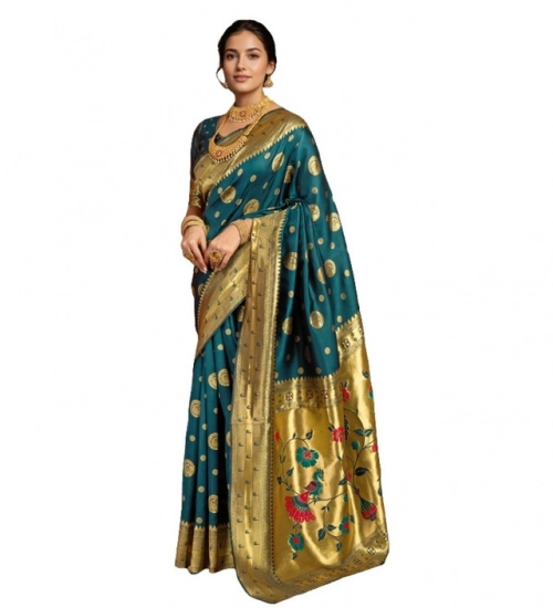 Women's Silk Blend Paithani Saree With Unstitched Blouse 5.5Mtr (Teal)
