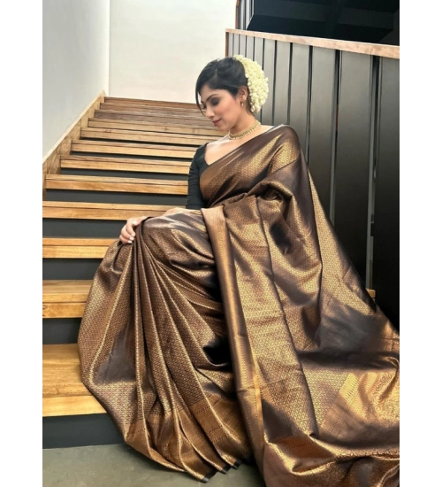 Women's Litchi silk Printed Saree With Unstitched Blouse (Gold)