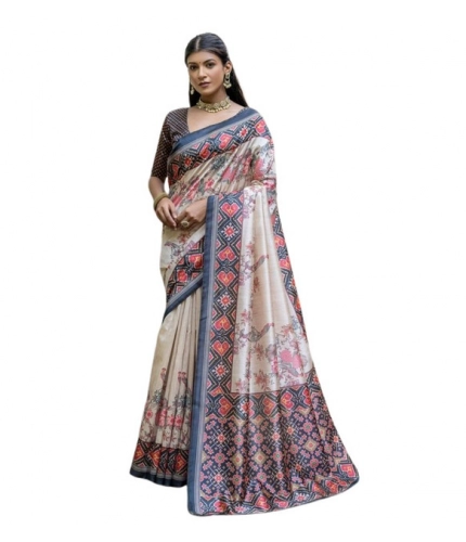Women's Faux_Tussar Floral Jal With Patola Print Saree With Unstitched Blouse 5.5Mtr (Black)