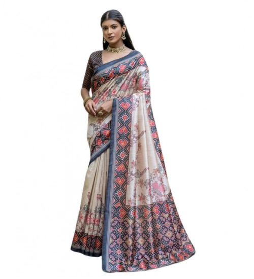 Women's Faux_Tussar Floral Jal With Patola Print Saree With Unstitched Blouse 5.5Mtr (Black)