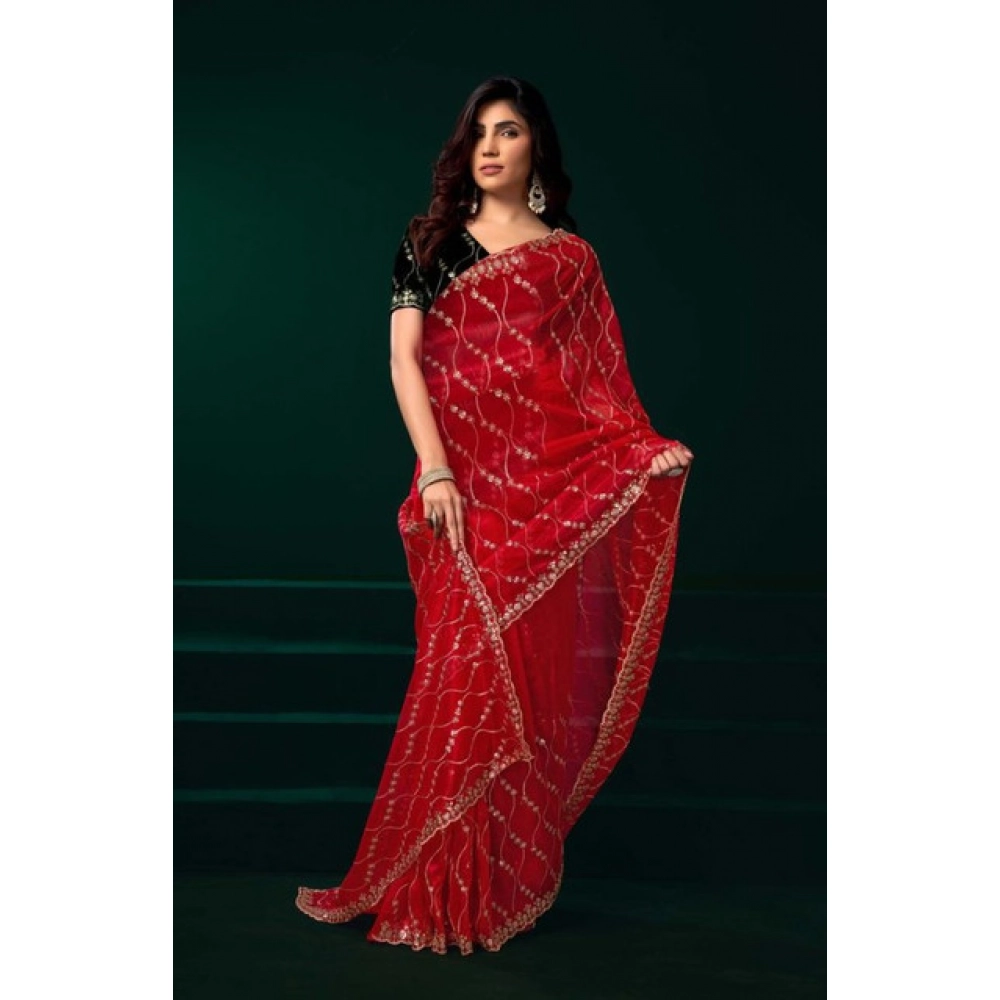 Women's Net Sequence Saree With Unstitched Blouse 5.5Mtr (Red) Women's Net Sequence Saree With Unstitched Blouse 5.5Mtr (Red)