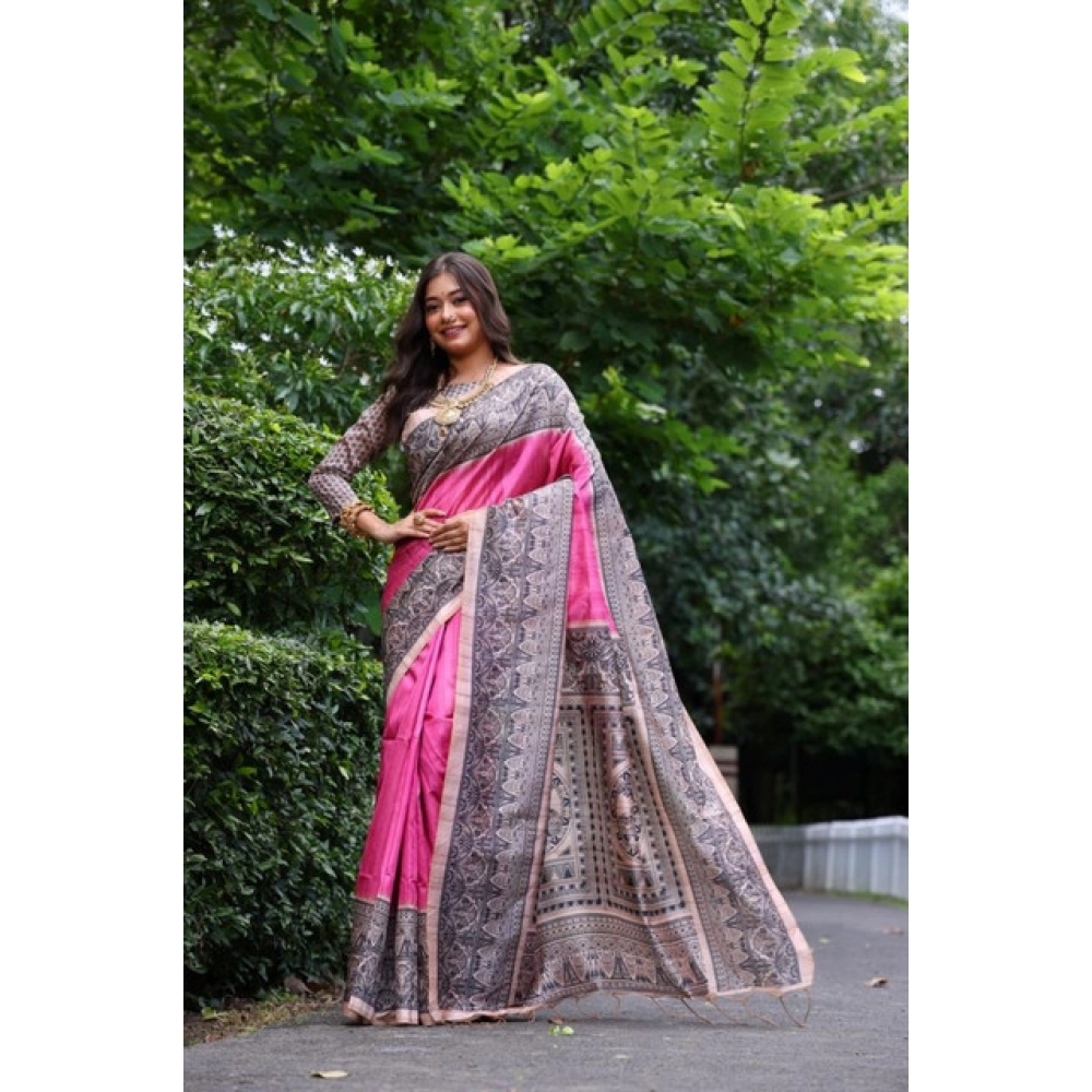 Women's Faux_Tussar Ethnic_Print Saree With Unstitched Blouse 5.5Mtr (Pink) Women's Faux_Tussar Ethnic_Print Saree With Unstitched Blouse 5.5Mtr (Pink)