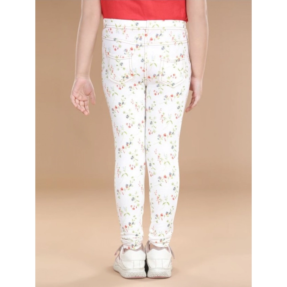 Girl's Cotton Lycra Floral Elasticated Jeggings (White-Green) Girl's Cotton Lycra Floral Elasticated Jeggings (White-Green)